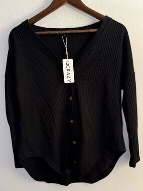 Black Waffle-Knit Button and Tie Front Women's Top